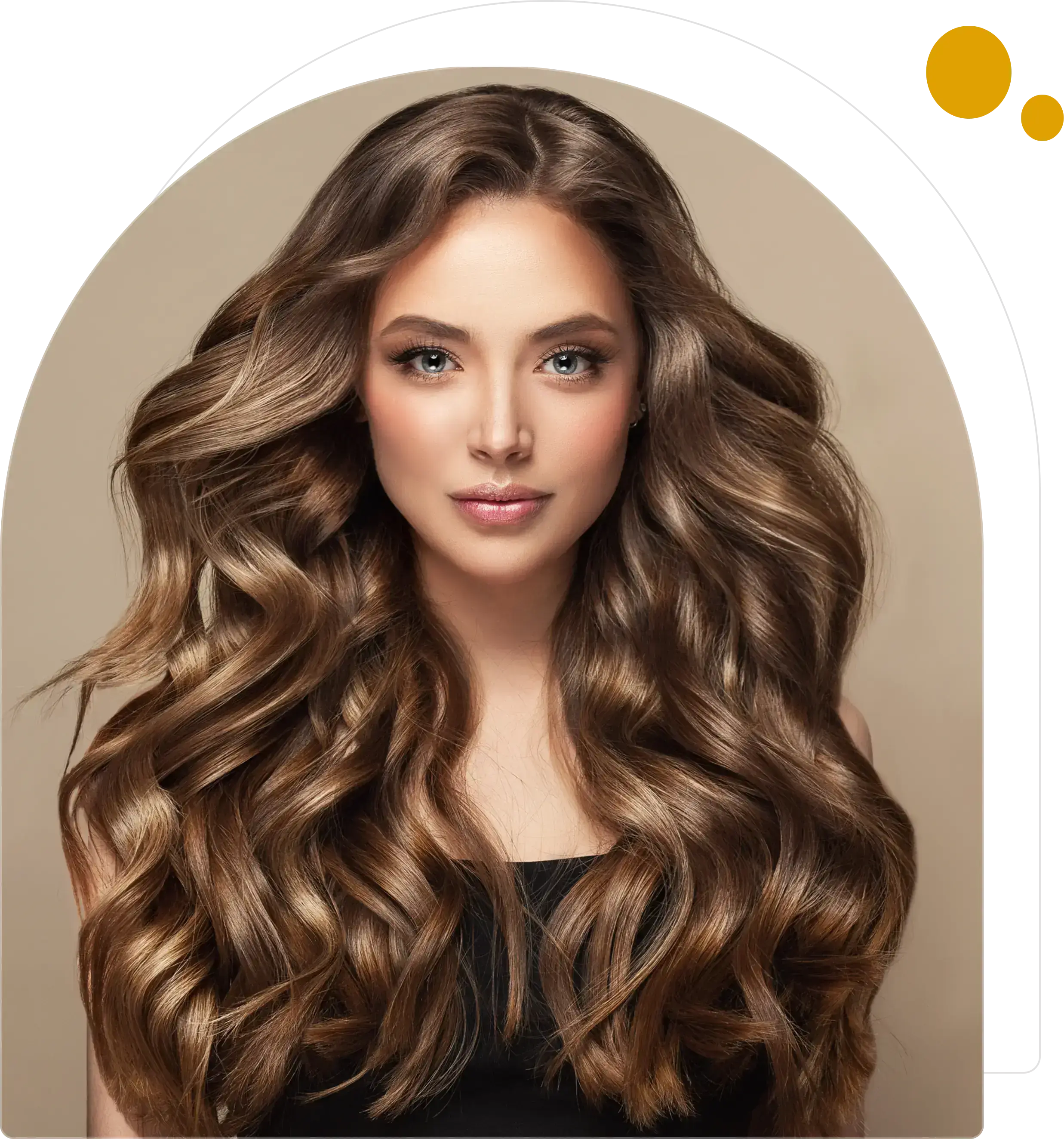 Woman with long, voluminous wavy brown hair and subtle makeup.