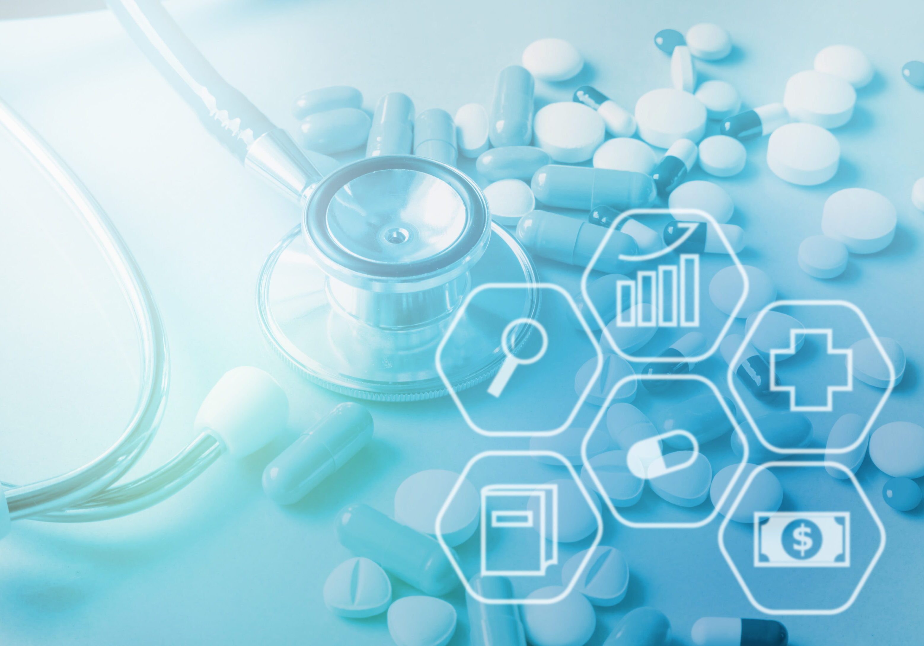 Medical stethoscope and pills with healthcare icons overlay.