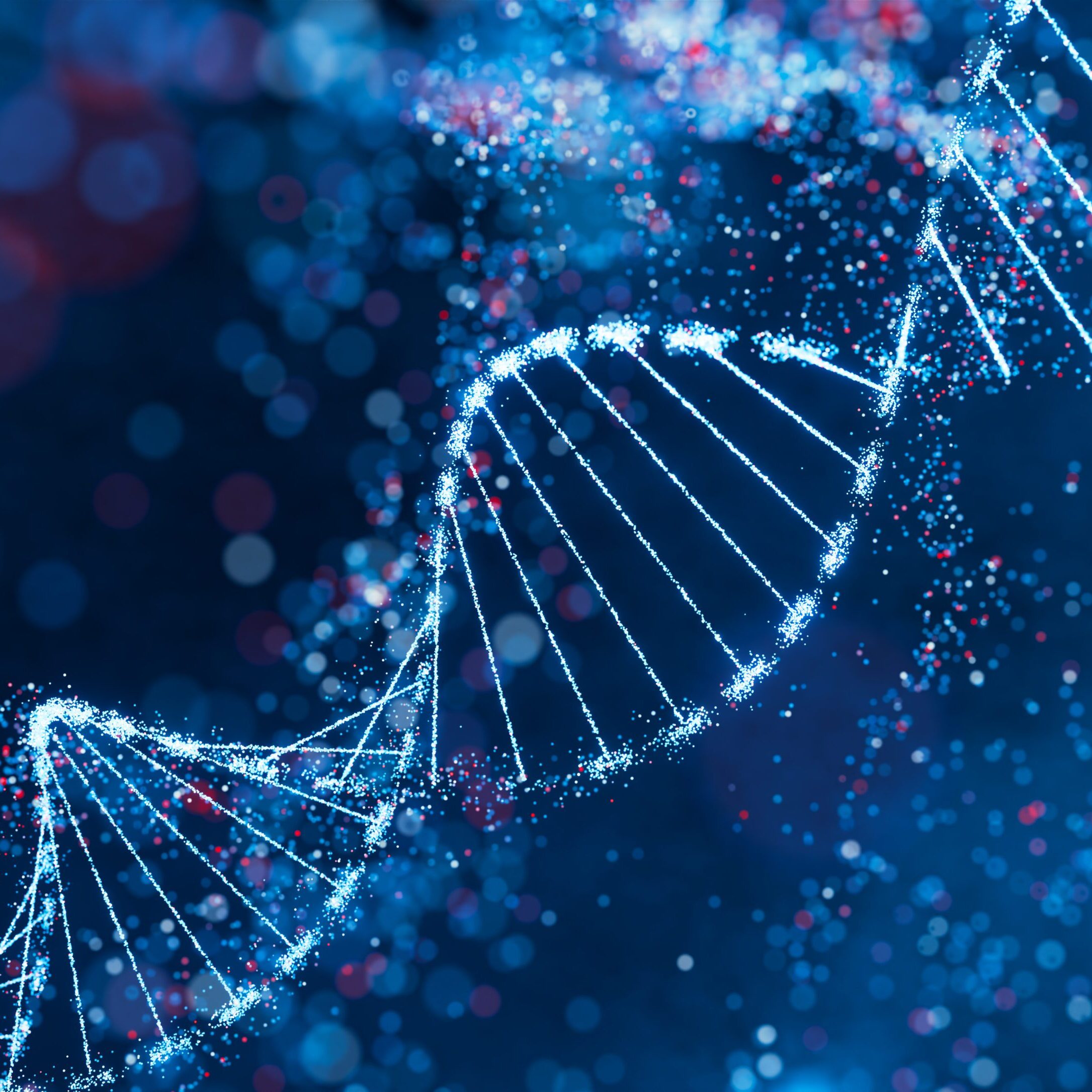 A glowing DNA double helix structure in a blue digital environment.