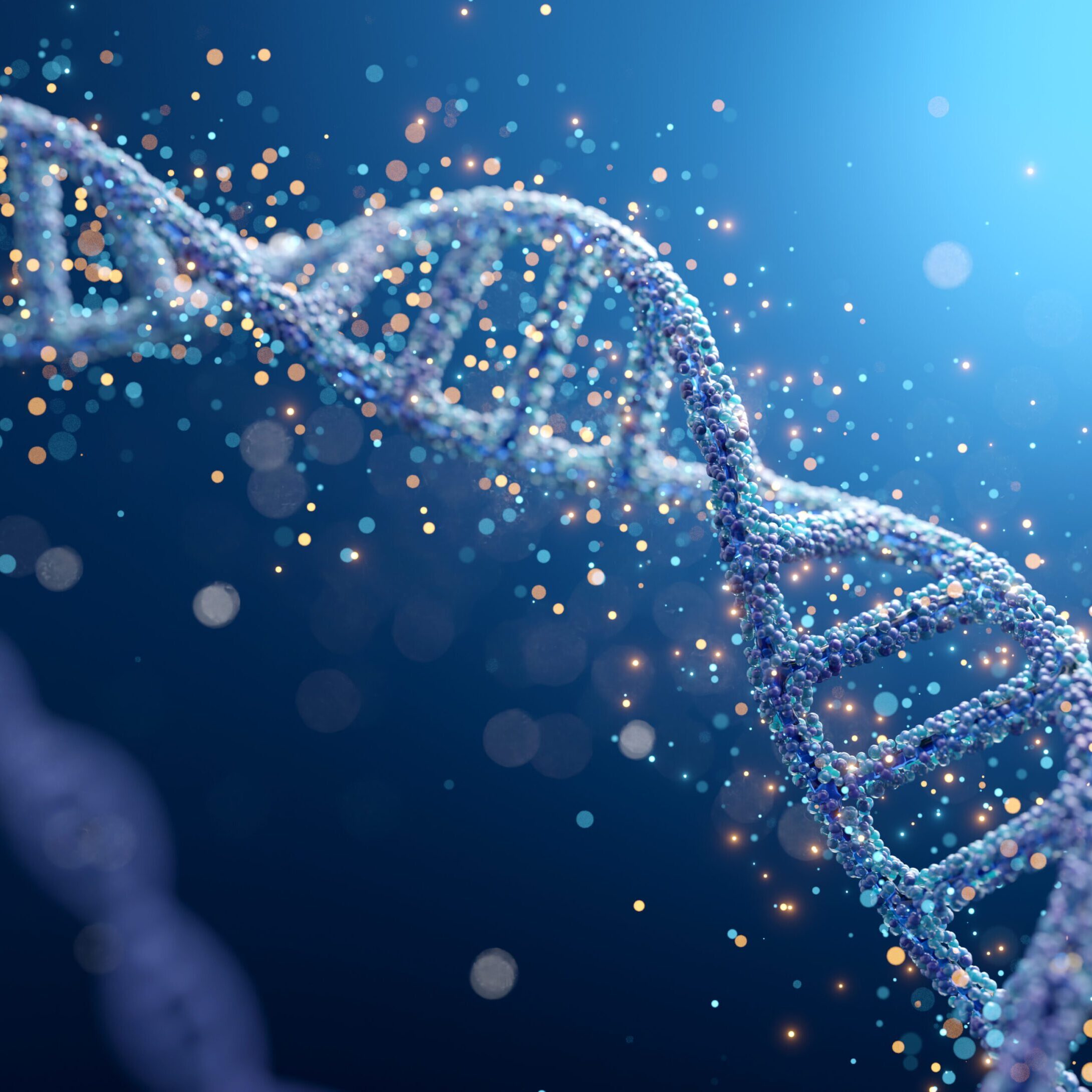 Close-up of a DNA double helix with glowing particles in blue light.