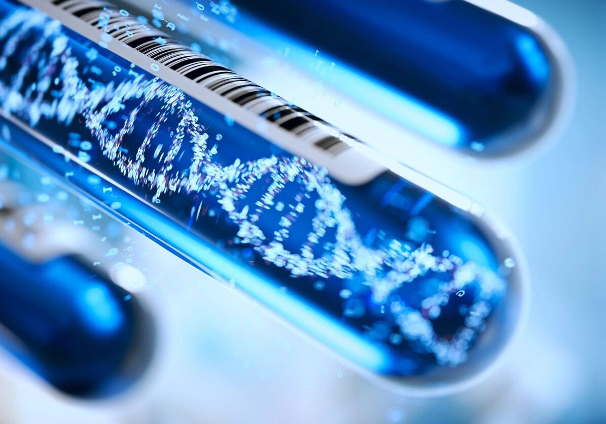 DNA strand inside a laboratory test tube under blue light.