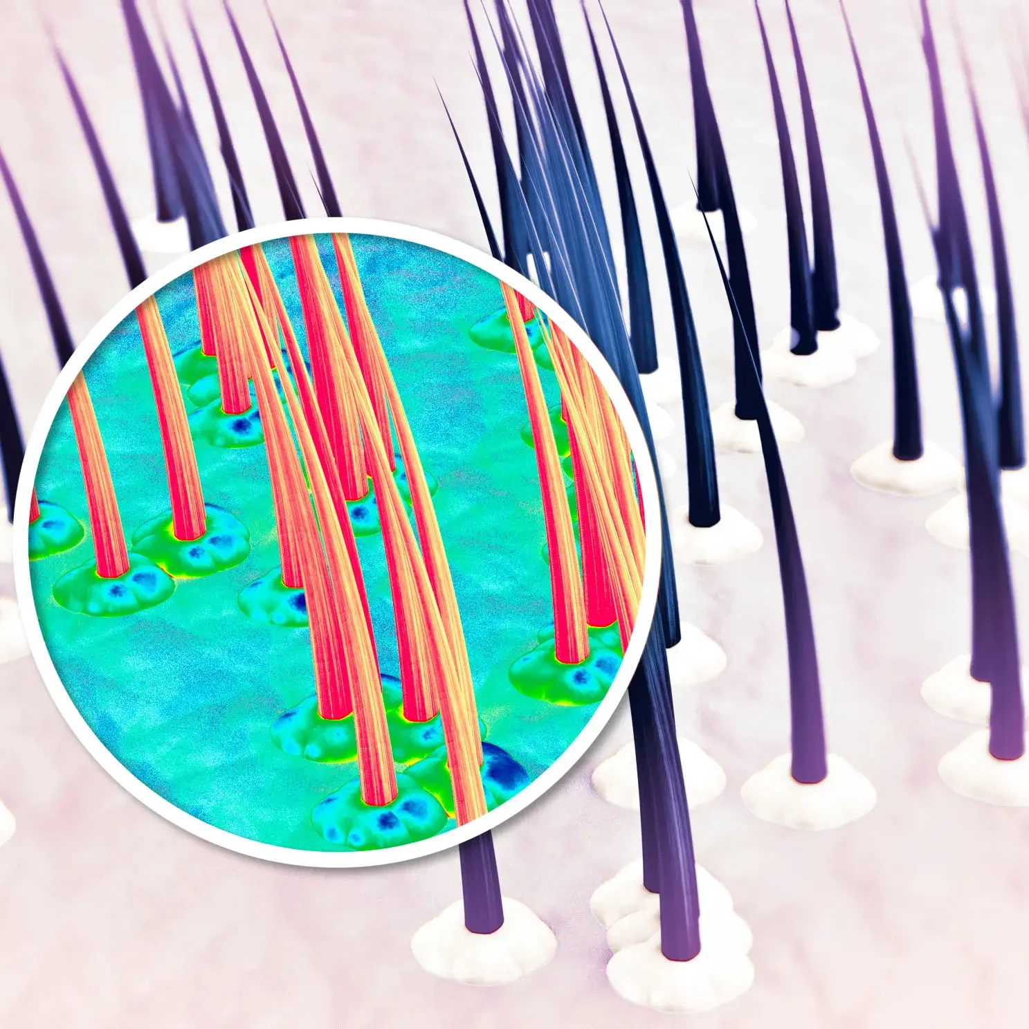 Close-up of hair follicles with a colorful microscopic inset showing detailed structure.